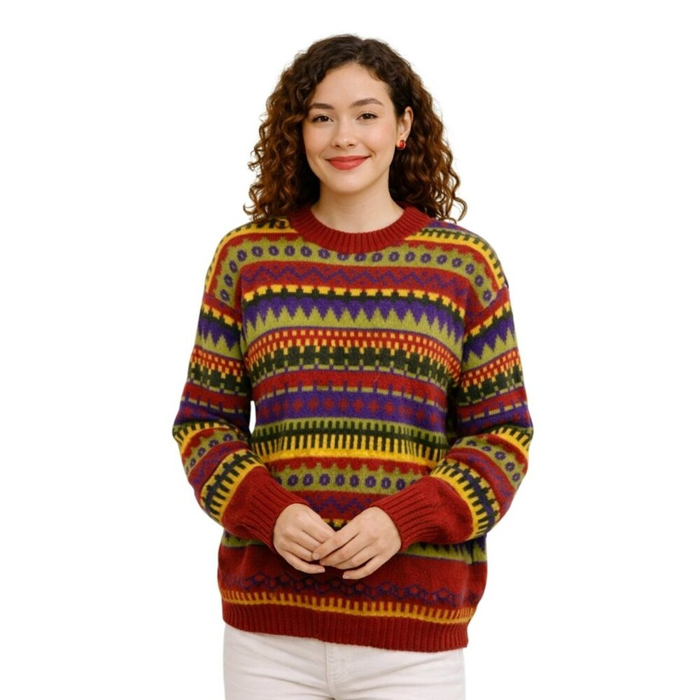 Benetton Shetland Wool Sweater VINTAGE  Multicolor Geometric Fair Isle Italy Uni